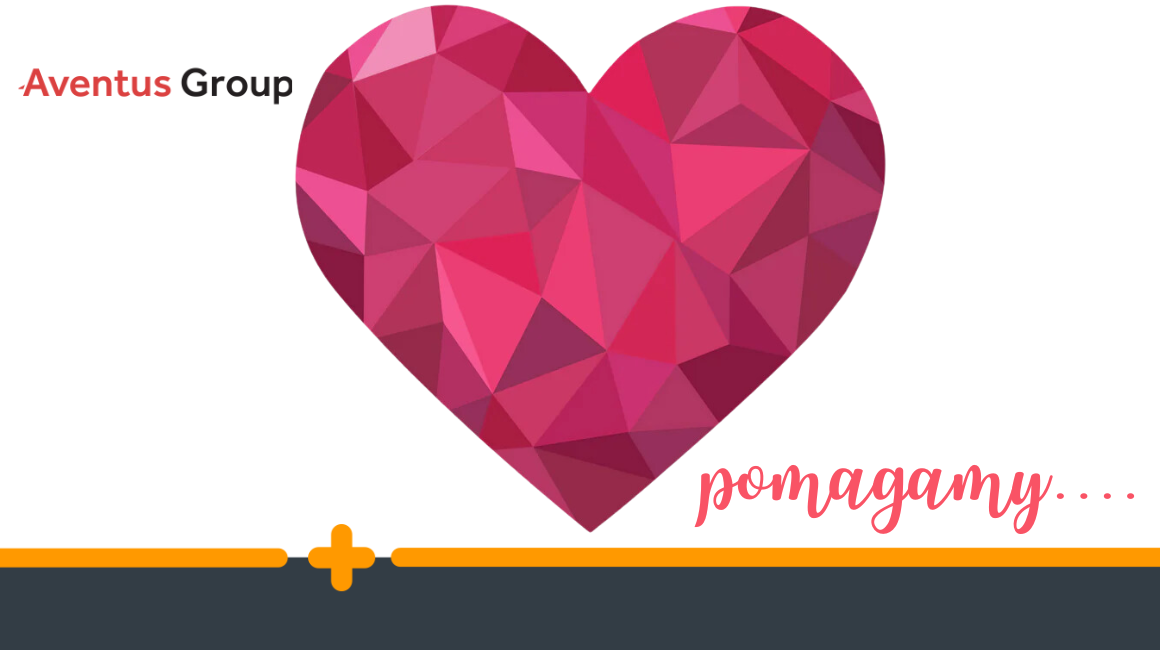 Grafika z logo Aventus Group obok różowo-czerwonego serca i napisu „pomagamy…”
